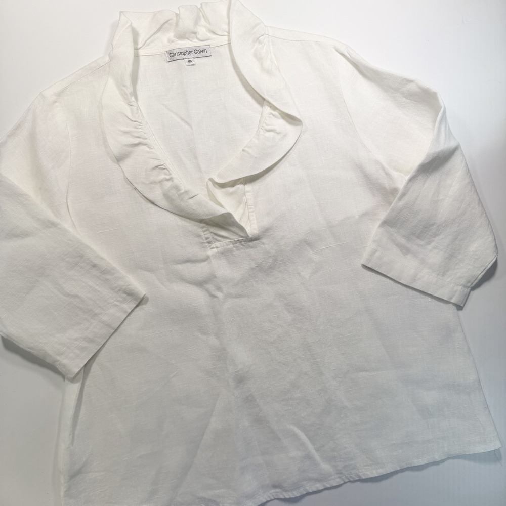 Christopher Calvin Women's White Linen 3/4 Sleeve Top Ruffle S Classic Old Money